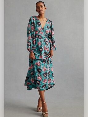 Temperley London x Anthropologie new NWOT turquoise pink midi dress 4 small